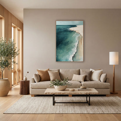 Teal Aerial Coastline Abstract Seascape wall art in a bright coastal-style room – abstract aerial coastline in deep