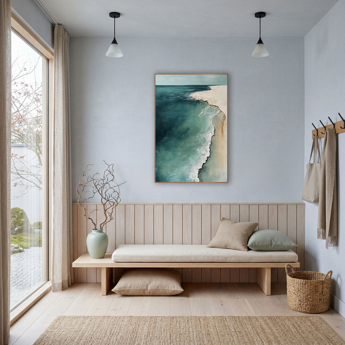 Teal Aerial Coastline Abstract Seascape wall art in a bright coastal-style room – abstract aerial coastline in deep