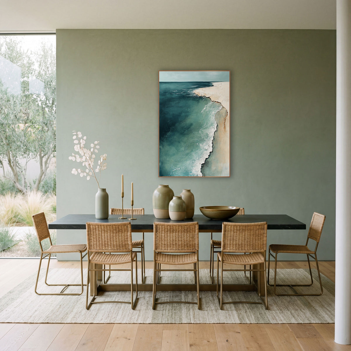 Teal Aerial Coastline Abstract Seascape wall art in a bright coastal-style room – abstract aerial coastline in deep