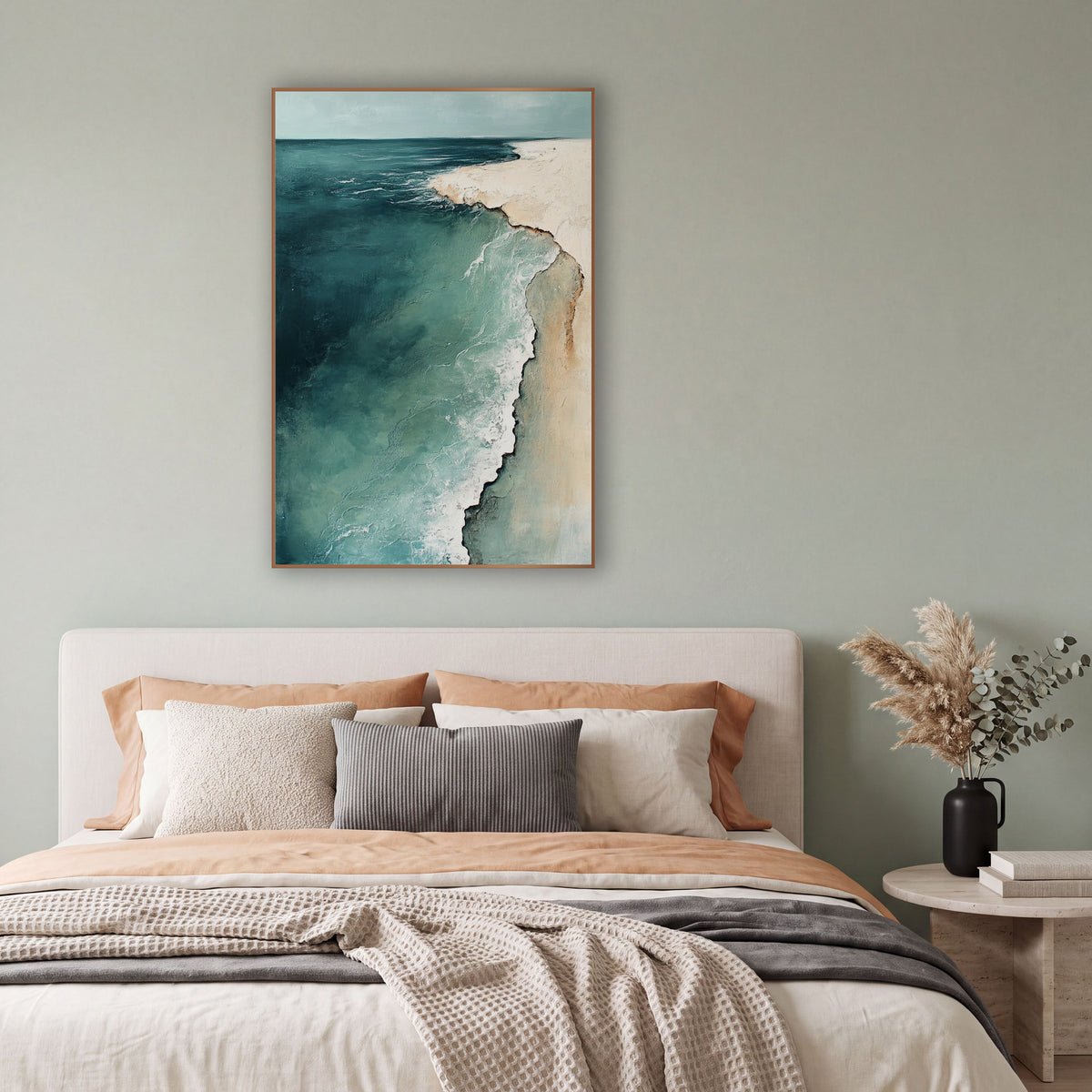 Teal Aerial Coastline Abstract Seascape wall art in a bright coastal-style room – abstract aerial coastline in deep