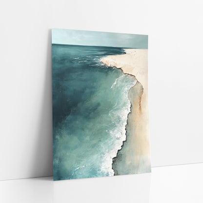Teal Aerial Coastline Abstract Seascape art print leaning against a white wall – abstract aerial coastline in deep teal