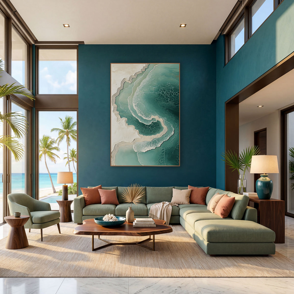Teal Coastline Aerial Swirl Abstract wall art in a bright coastal-style room – abstract aerial coastline in teal