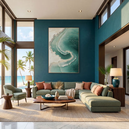 Teal Coastline Aerial Swirl Abstract wall art in a bright coastal-style room – abstract aerial coastline in teal