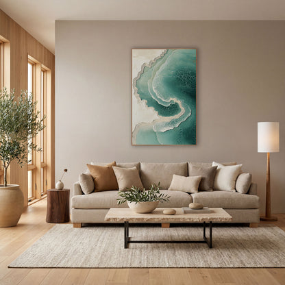 Teal Coastline Aerial Swirl Abstract wall art in a bright coastal-style room – abstract aerial coastline in teal