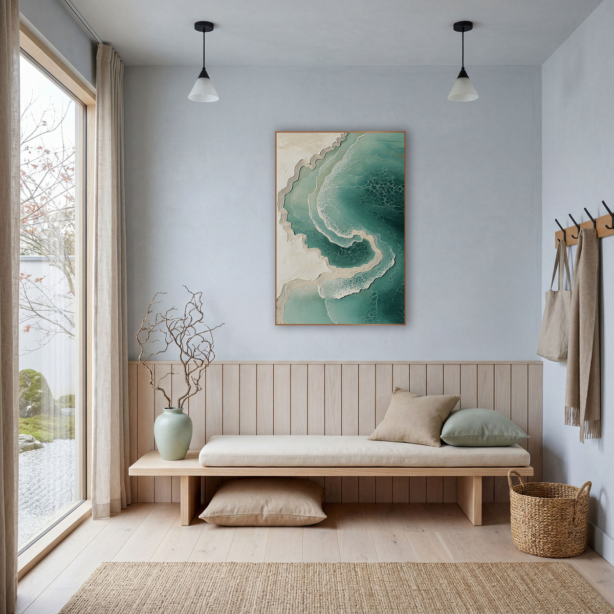 Teal Coastline Aerial Swirl Abstract wall art in a bright coastal-style room – abstract aerial coastline in teal