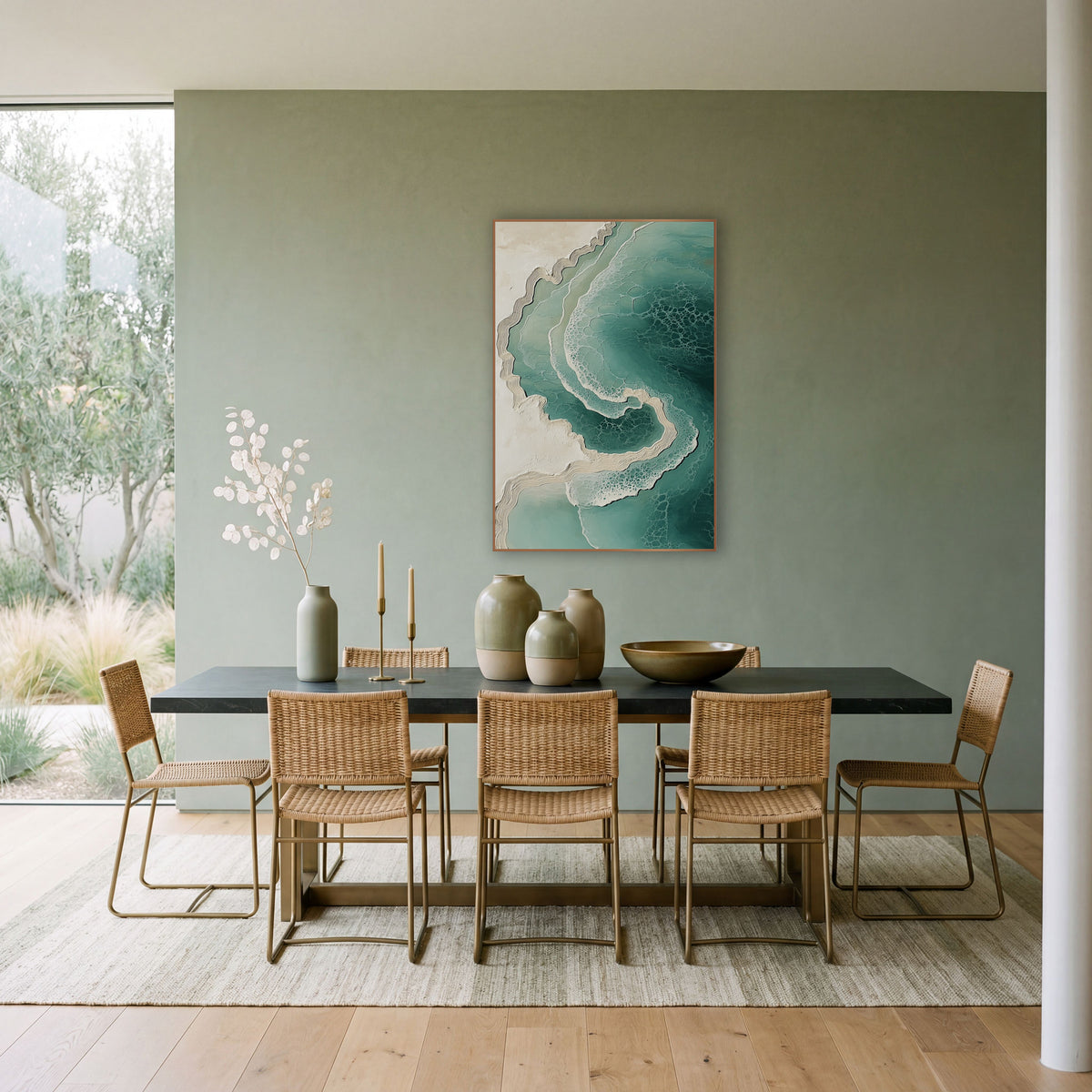 Teal Coastline Aerial Swirl Abstract wall art in a bright coastal-style room – abstract aerial coastline in teal