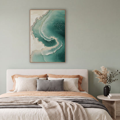 Teal Coastline Aerial Swirl Abstract wall art in a bright coastal-style room – abstract aerial coastline in teal