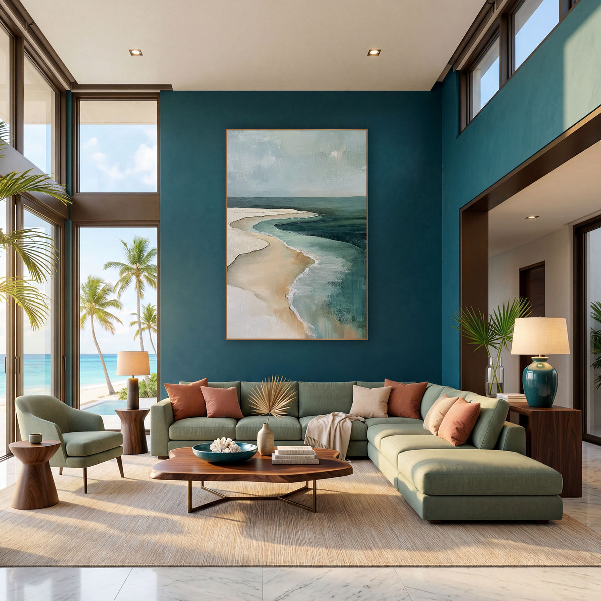 Teal Shoreline Aerial Coastal Abstract wall art in a bright coastal-style room – abstract aerial view of a cream sand