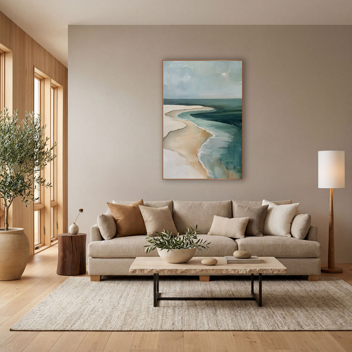 Teal Shoreline Aerial Coastal Abstract wall art in a bright coastal-style room – abstract aerial view of a cream sand