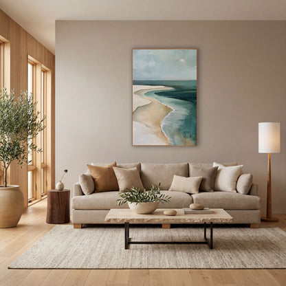 Teal Shoreline Aerial Coastal Abstract wall art in a bright coastal-style room – abstract aerial view of a cream sand