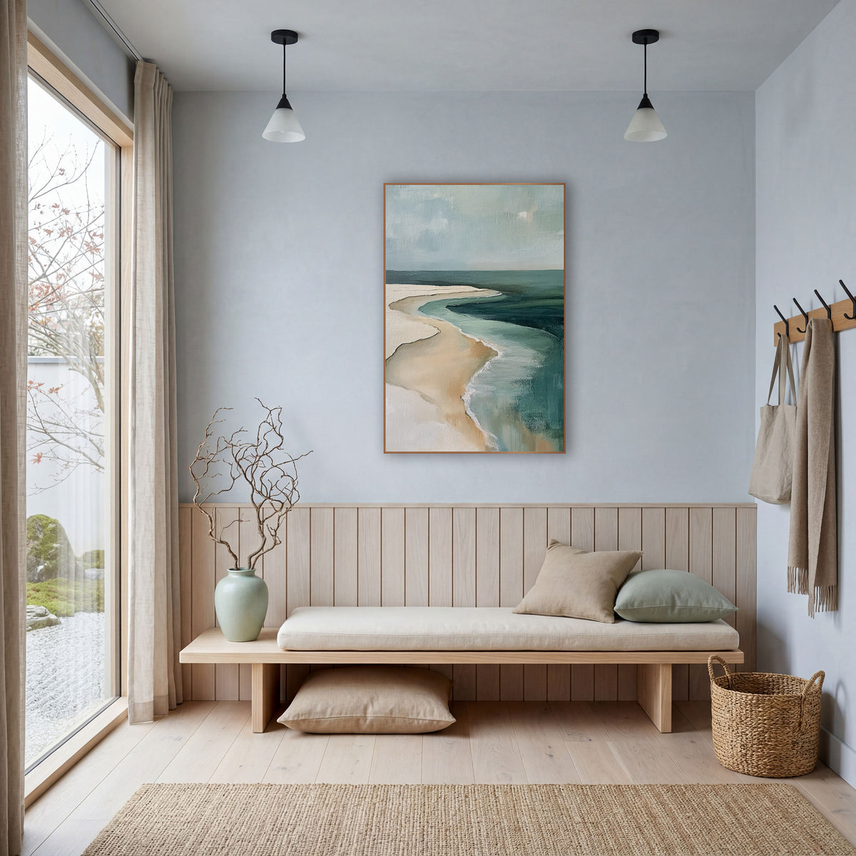 Teal Shoreline Aerial Coastal Abstract wall art in a bright coastal-style room – abstract aerial view of a cream sand