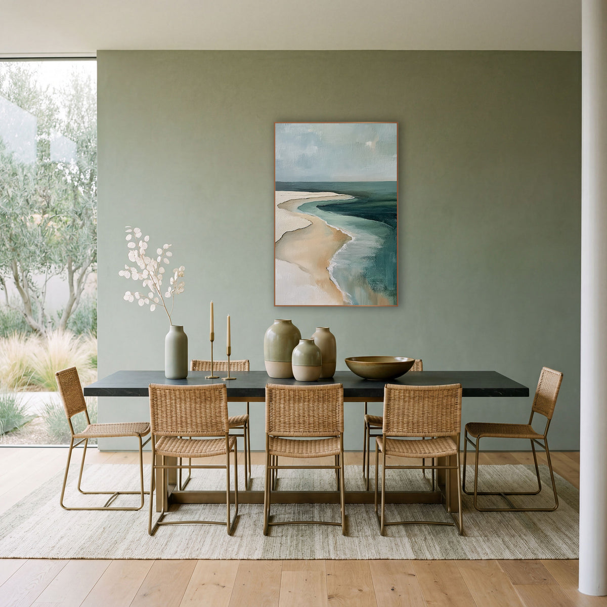 Teal Shoreline Aerial Coastal Abstract wall art in a bright coastal-style room – abstract aerial view of a cream sand