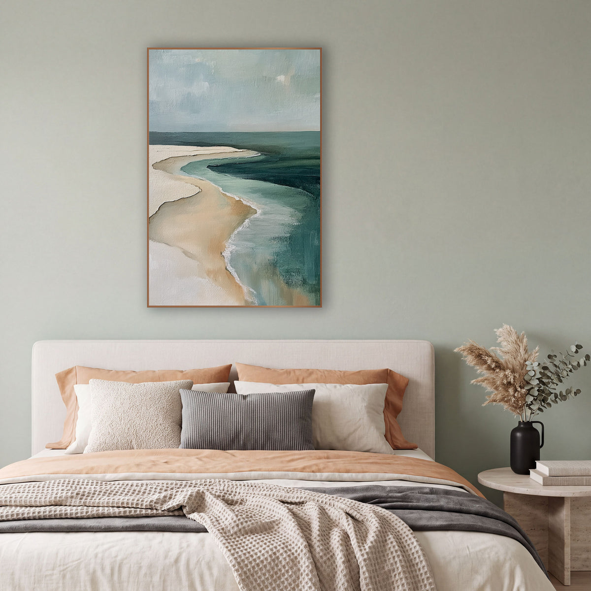 Teal Shoreline Aerial Coastal Abstract wall art in a bright coastal-style room – abstract aerial view of a cream sand