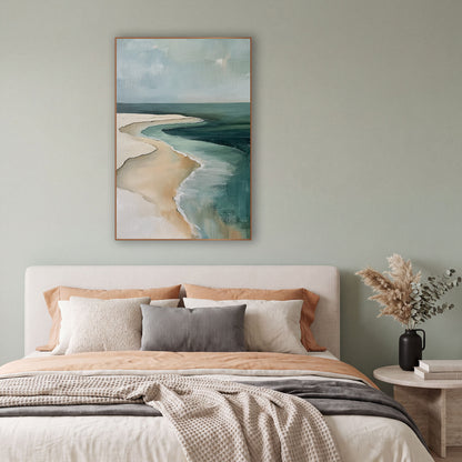 Teal Shoreline Aerial Coastal Abstract wall art in a bright coastal-style room – abstract aerial view of a cream sand