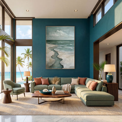 Winding Tide Coastal Seascape wall art in a bright coastal-style room – coastal seascape with a winding water channel