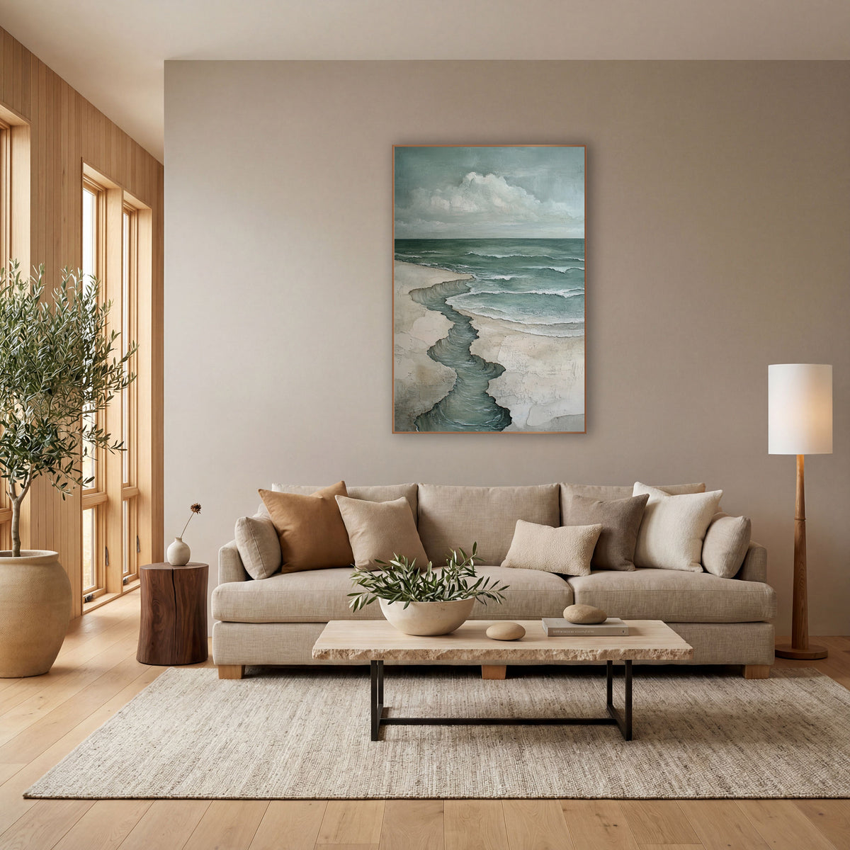 Winding Tide Coastal Seascape wall art in a bright coastal-style room – coastal seascape with a winding water channel