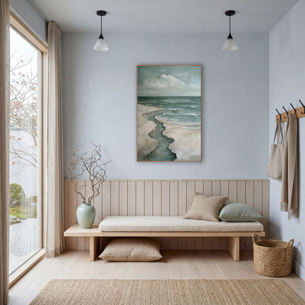 Winding Tide Coastal Seascape wall art in a bright coastal-style room – coastal seascape with a winding water channel