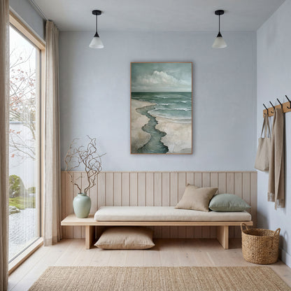 Winding Tide Coastal Seascape wall art in a bright coastal-style room – coastal seascape with a winding water channel