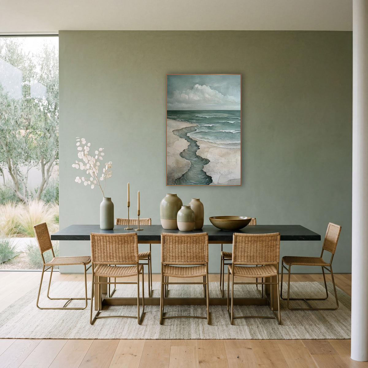 Winding Tide Coastal Seascape wall art in a bright coastal-style room – coastal seascape with a winding water channel