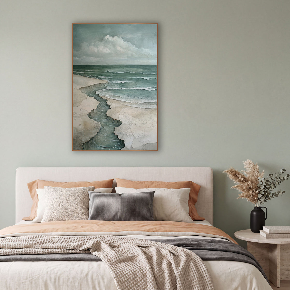 Winding Tide Coastal Seascape wall art in a bright coastal-style room – coastal seascape with a winding water channel