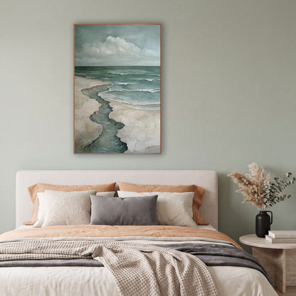 Winding Tide Coastal Seascape wall art in a bright coastal-style room – coastal seascape with a winding water channel