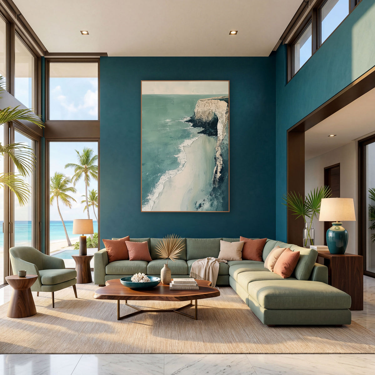 Pale Cliff Coastal Seascape Abstract wall art in a bright coastal-style room – pale cliff with a dark arch above