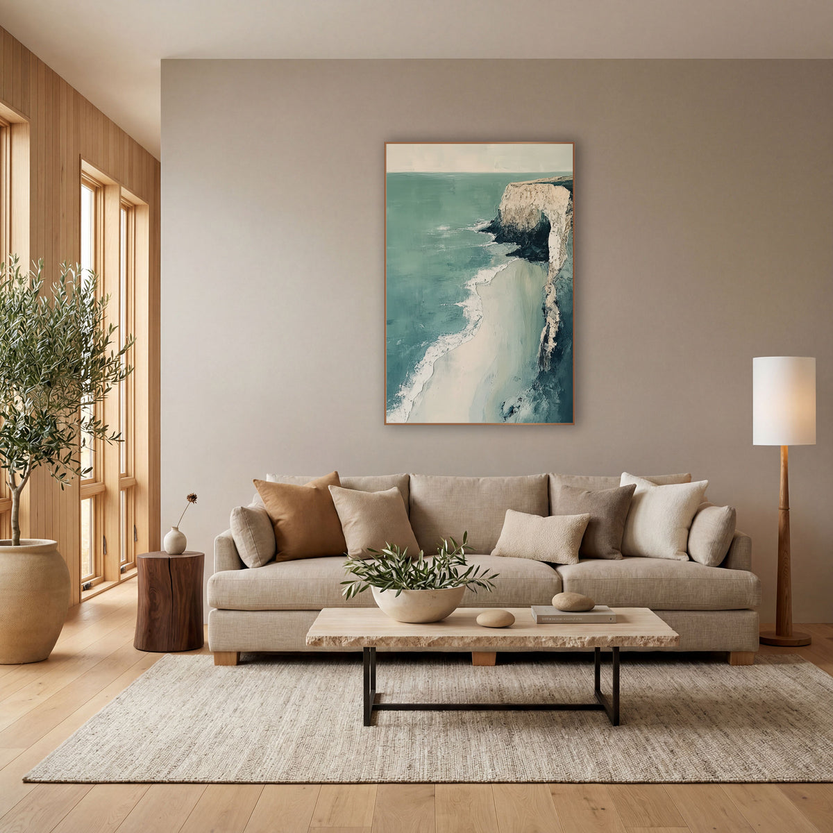 Pale Cliff Coastal Seascape Abstract wall art in a bright coastal-style room – pale cliff with a dark arch above