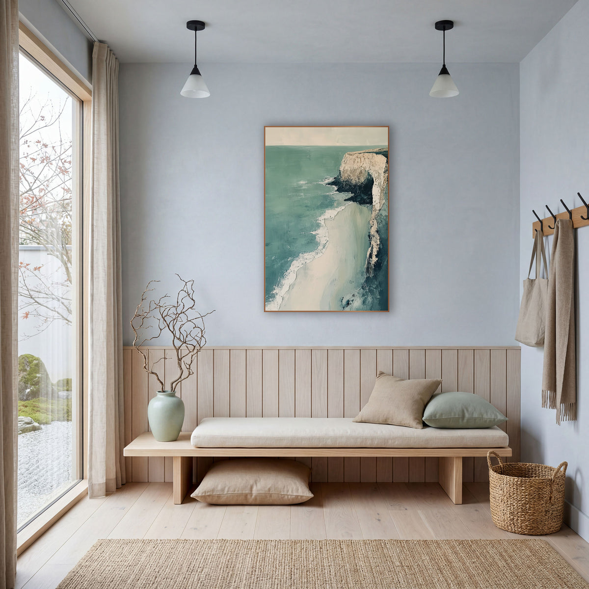 Pale Cliff Coastal Seascape Abstract wall art in a bright coastal-style room – pale cliff with a dark arch above