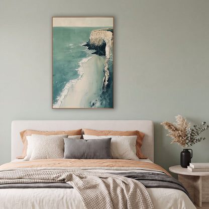 Pale Cliff Coastal Seascape Abstract wall art in a bright coastal-style room – pale cliff with a dark arch above