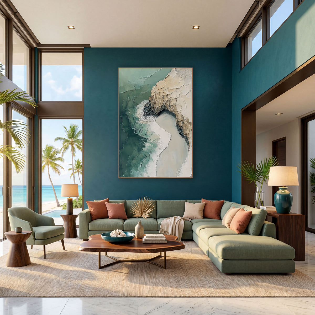Aerial Coastline Cliff Abstract Coastal wall art in a bright coastal-style room – abstract aerial coastline