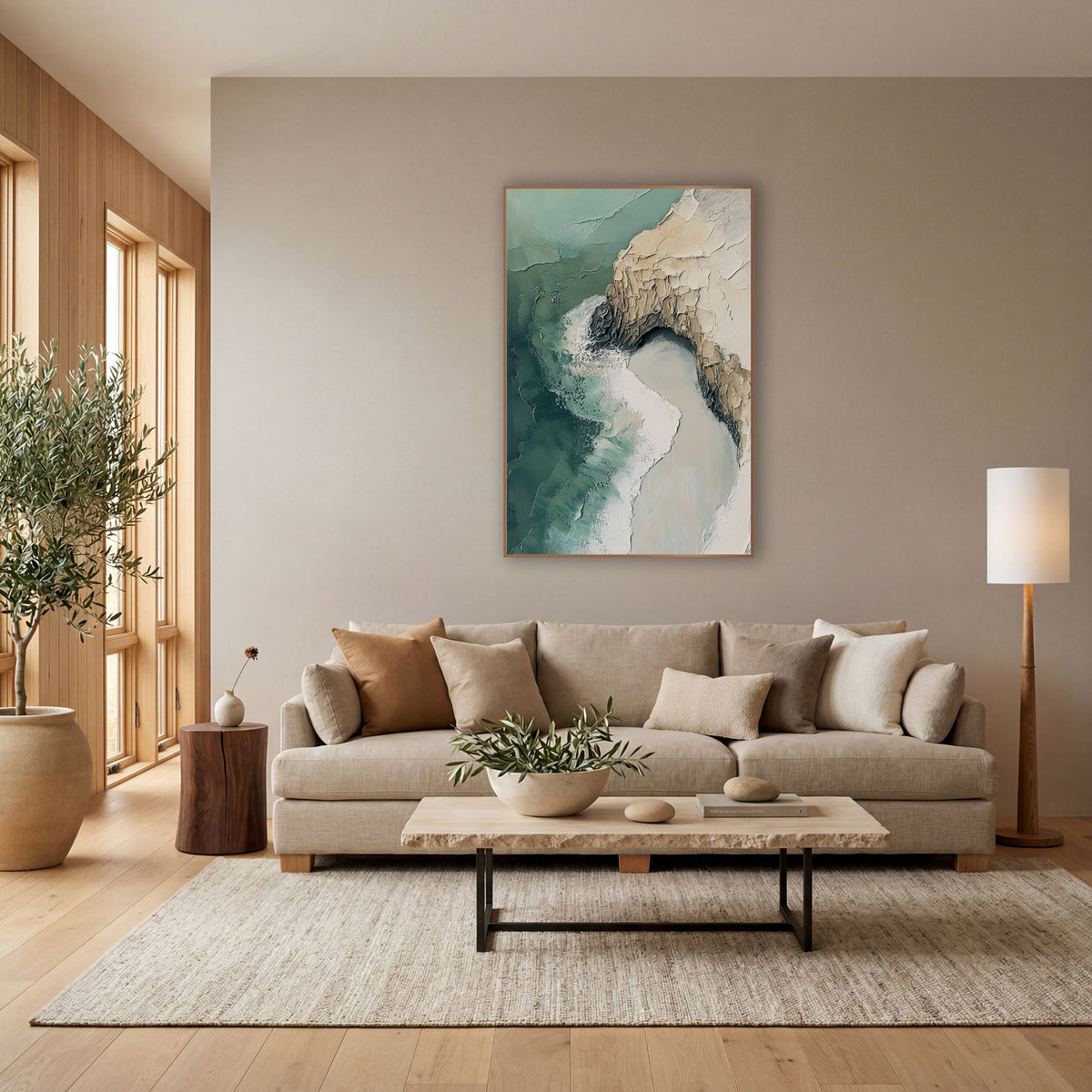 Aerial Coastline Cliff Abstract Coastal wall art in a bright coastal-style room – abstract aerial coastline
