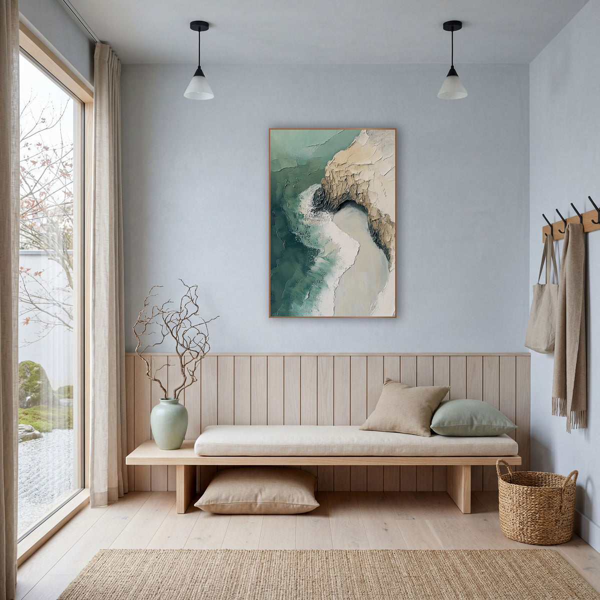 Aerial Coastline Cliff Abstract Coastal wall art in a bright coastal-style room – abstract aerial coastline
