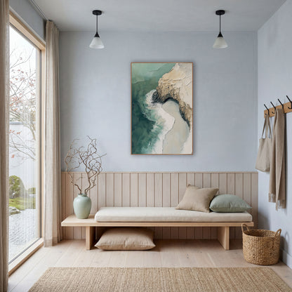 Aerial Coastline Cliff Abstract Coastal wall art in a bright coastal-style room – abstract aerial coastline
