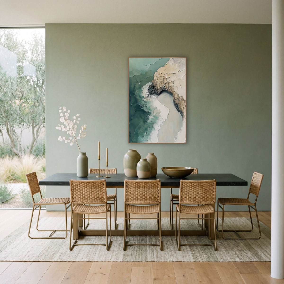 Aerial Coastline Cliff Abstract Coastal wall art in a bright coastal-style room – abstract aerial coastline