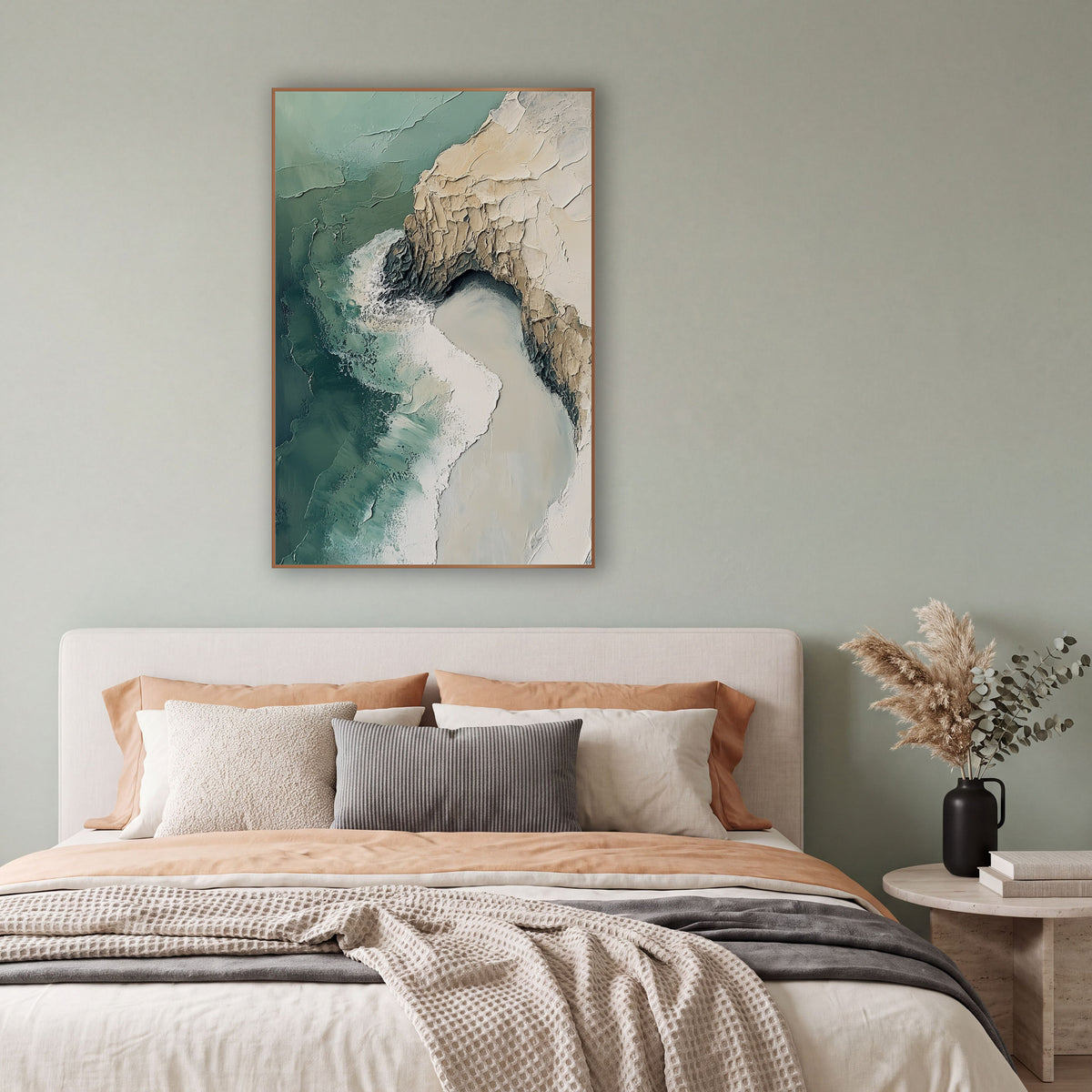 Aerial Coastline Cliff Abstract Coastal wall art in a bright coastal-style room – abstract aerial coastline