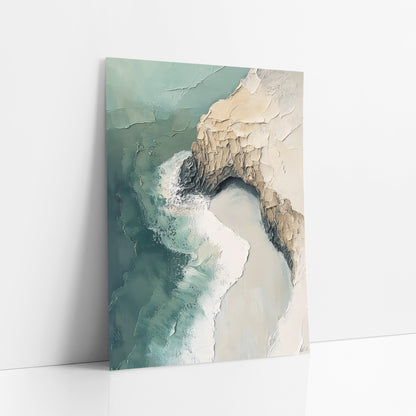 Aerial Coastline Cliff Abstract Coastal art print leaning against a white wall – abstract aerial coastline with sea-green