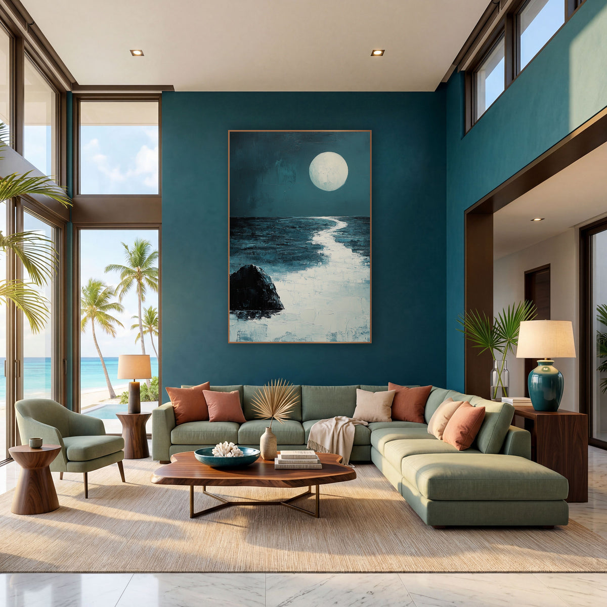 Moonlit Sea Rock Coastal Abstract wall art in a bright coastal-style room – large pale full moon over a calm dark teal
