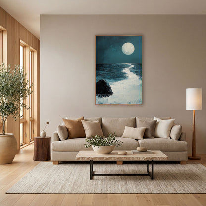 Moonlit Sea Rock Coastal Abstract wall art in a bright coastal-style room – large pale full moon over a calm dark teal