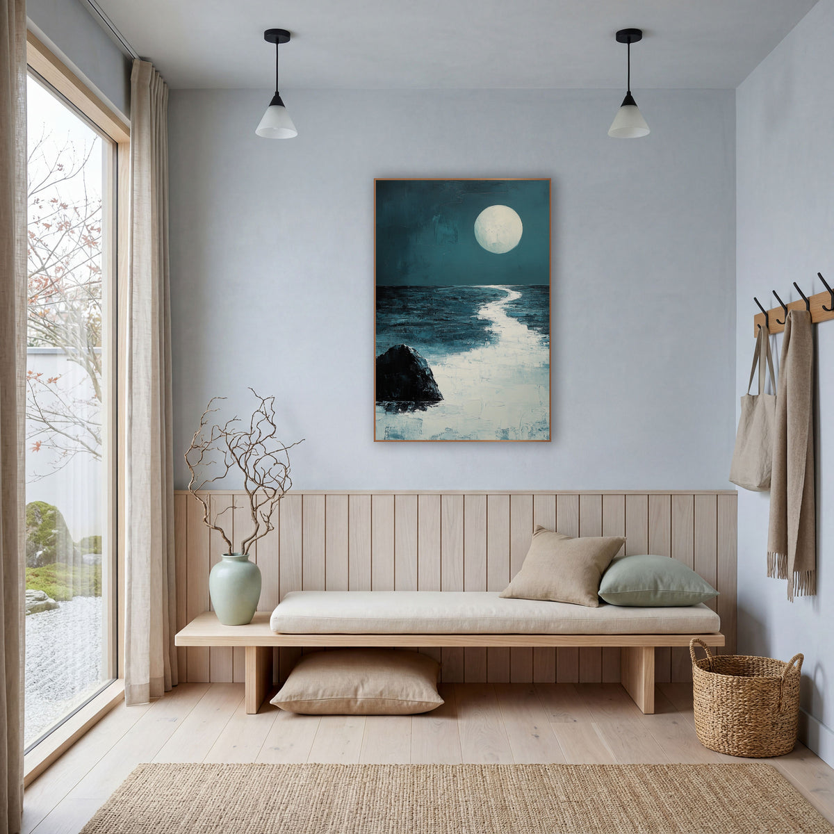 Moonlit Sea Rock Coastal Abstract wall art in a bright coastal-style room – large pale full moon over a calm dark teal