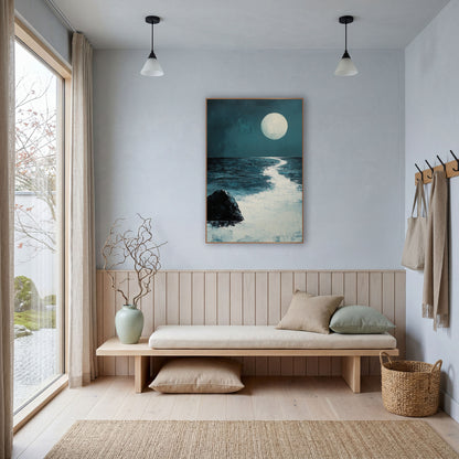 Moonlit Sea Rock Coastal Abstract wall art in a bright coastal-style room – large pale full moon over a calm dark teal