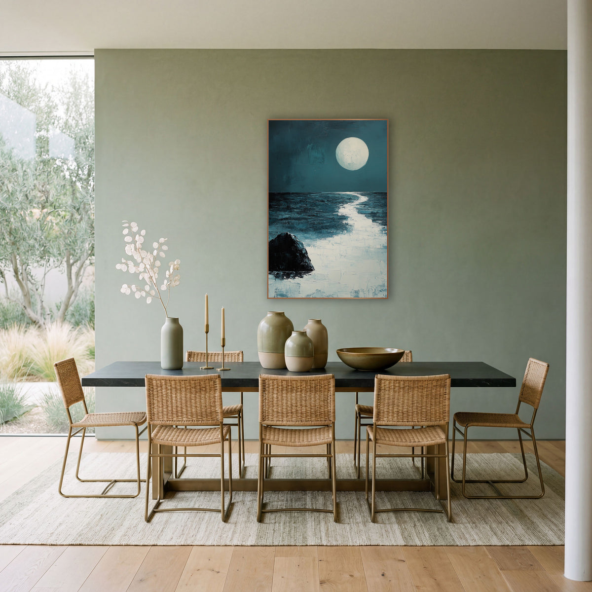 Moonlit Sea Rock Coastal Abstract wall art in a bright coastal-style room – large pale full moon over a calm dark teal
