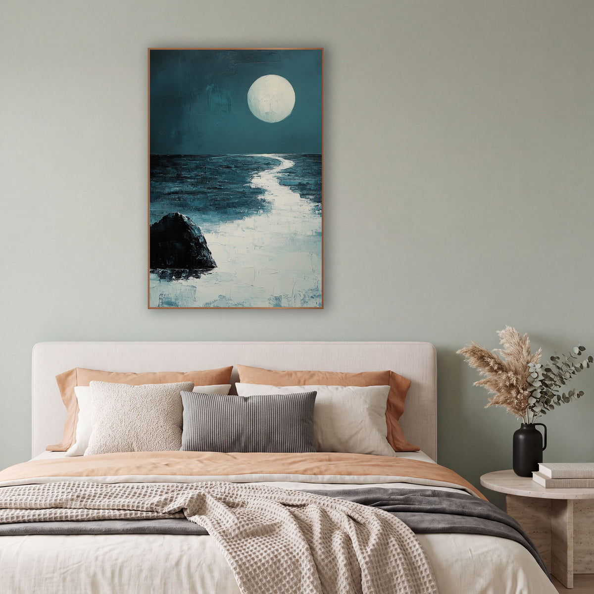 Moonlit Sea Rock Coastal Abstract wall art in a bright coastal-style room – large pale full moon over a calm dark teal