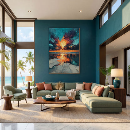 Fiery Sky Beach Reflection Abstract wall art in a bright coastal-style room – abstract beach sunset with a glowing