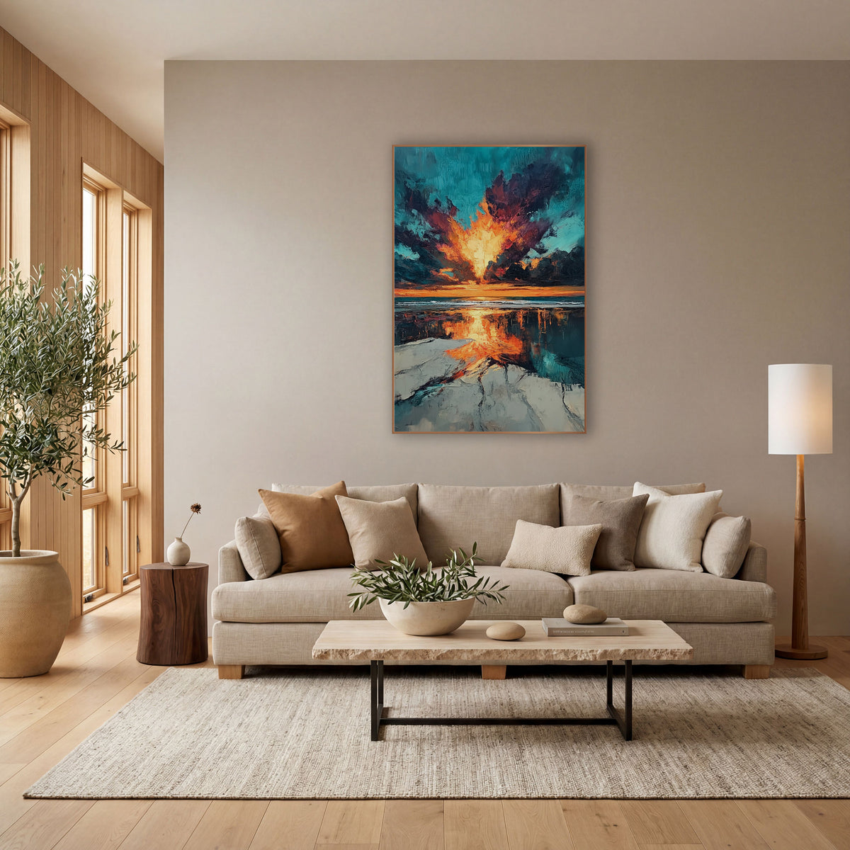 Fiery Sky Beach Reflection Abstract wall art in a bright coastal-style room – abstract beach sunset with a glowing