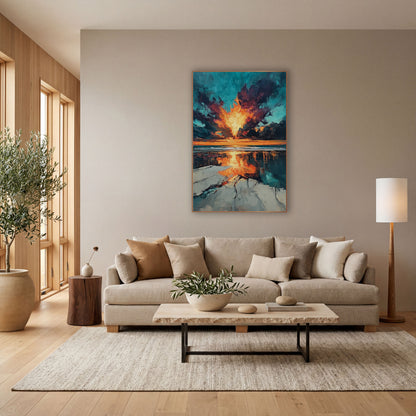 Fiery Sky Beach Reflection Abstract wall art in a bright coastal-style room – abstract beach sunset with a glowing