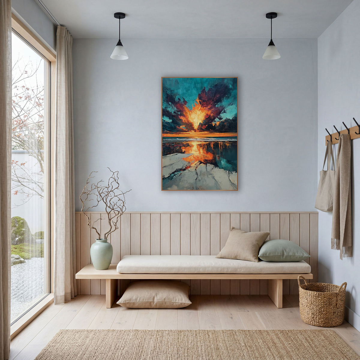 Fiery Sky Beach Reflection Abstract wall art in a bright coastal-style room – abstract beach sunset with a glowing
