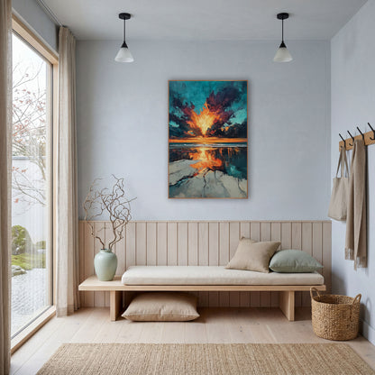 Fiery Sky Beach Reflection Abstract wall art in a bright coastal-style room – abstract beach sunset with a glowing