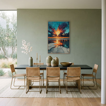 Fiery Sky Beach Reflection Abstract wall art in a bright coastal-style room – abstract beach sunset with a glowing