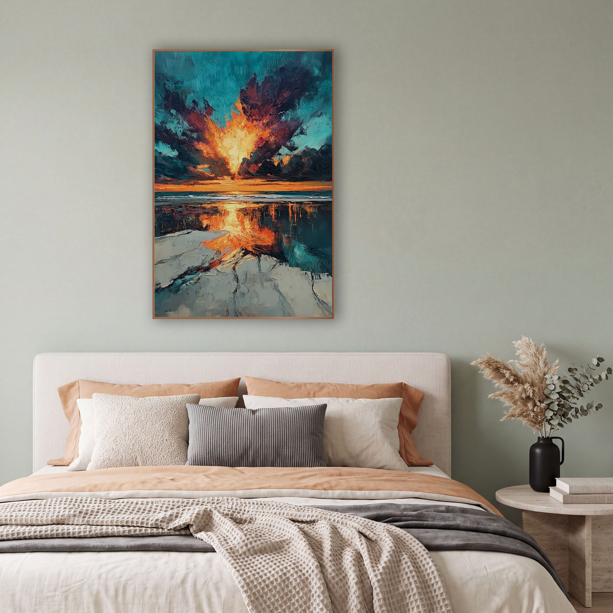 Fiery Sky Beach Reflection Abstract wall art in a bright coastal-style room – abstract beach sunset with a glowing