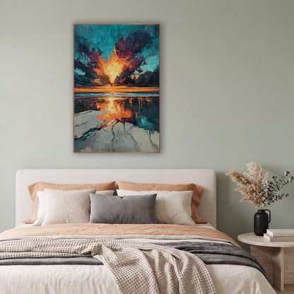 Fiery Sky Beach Reflection Abstract wall art in a bright coastal-style room – abstract beach sunset with a glowing
